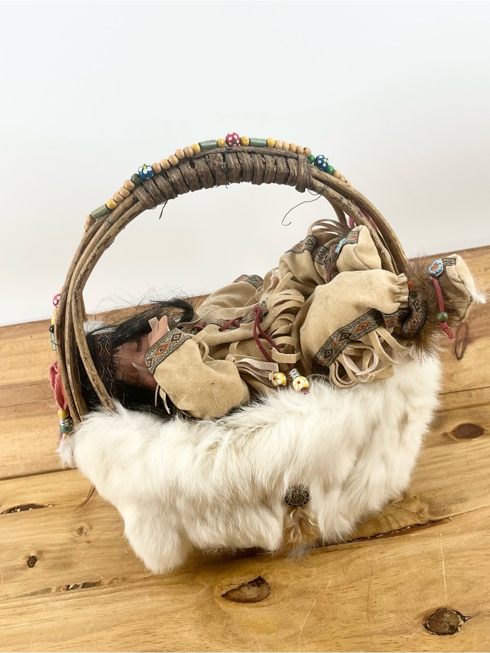 Indian Doll White Fur Basket Bag with Beaded Handle Baby In Tassels